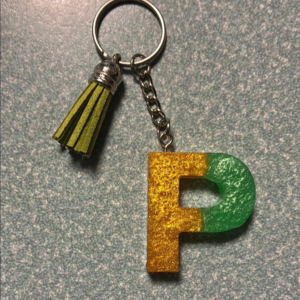 Gold and Green Initial Letter P Keyring